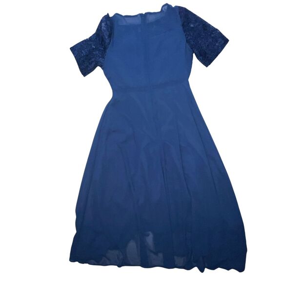 TS Conture Dress S Navy Blue Tea Length Embroidered Lace Bodice Chiffon Skirt - Picture 13 of 14